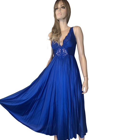 Olga Cobalt Blue Lingerie Set Negligee Full Sweep Nightgown Robe Lace Vtg 80s - Picture 4 of 16